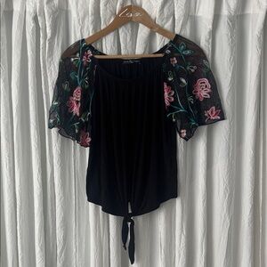Kim & Cami Black Top with Floral Embroidery